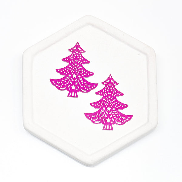 Laser cut PINK TREE filigree metal charms and connectors 5 pairs