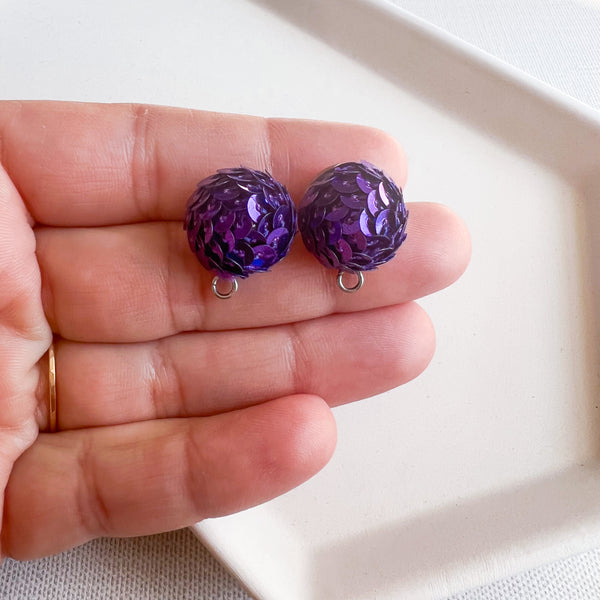 SQD 15mm PURPLE 3 Pairs Sequin Dome Earring Topper/Connector