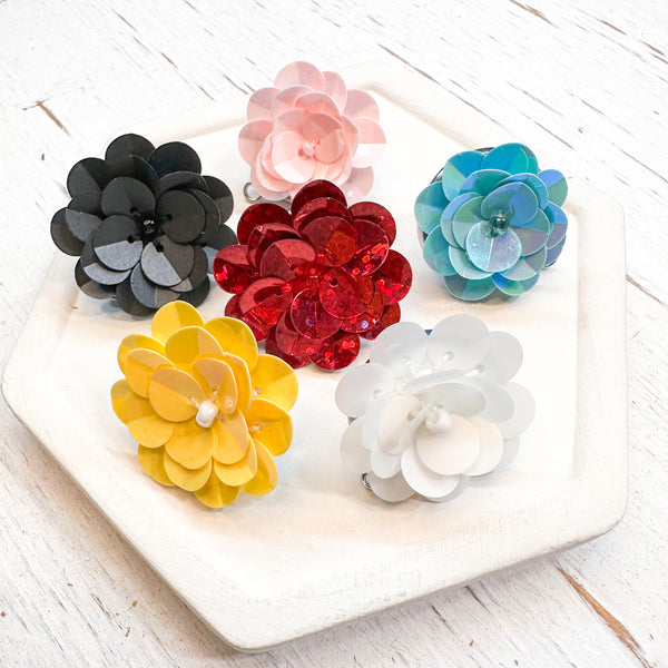 SEQUIN FLOWER Stud Toppers 30mm Lots of Colors!