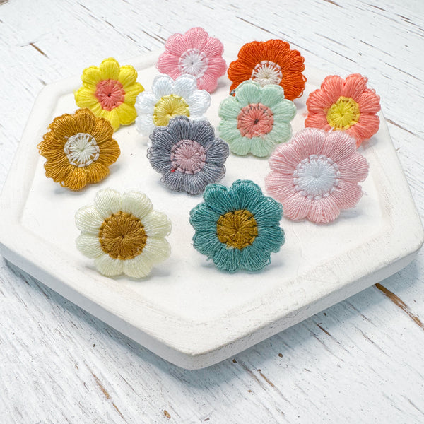 Embroidered Fabric Flowers Earring Toppers --->Lots of Colors!
