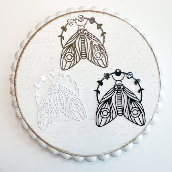 LCM Laser cut MOON PHASE MOTHS Filigree metal charms and connectors 5 pairs-------> You choose the color!