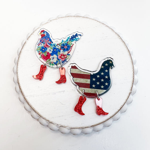 AP CHICKEN WITH BOOTS Acrylic Pendant-------> Choose Floral or FLAG