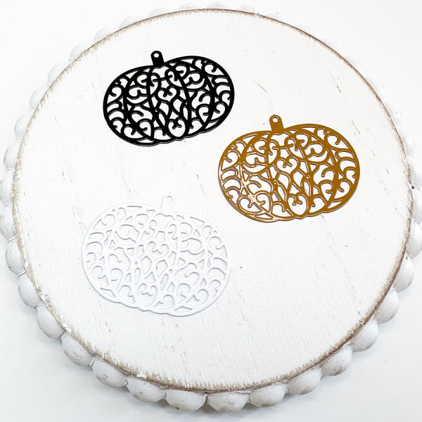 LCM Laser cut PUMPKIN filigree metal charms and connectors 5 pairs-------> CHOOSE YOUR COLOR