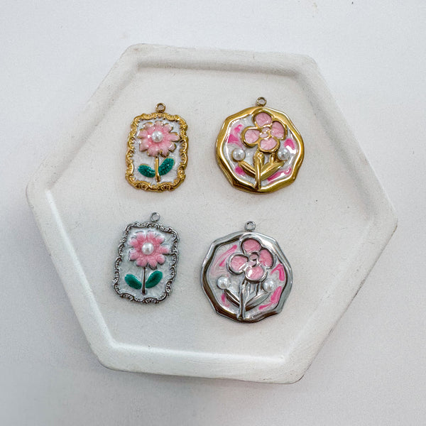 CHARM BAR Premium 18k Gold Plated and Stainless Steel ENAMEL FLOWER Charms-----> Choose your Style and Color!