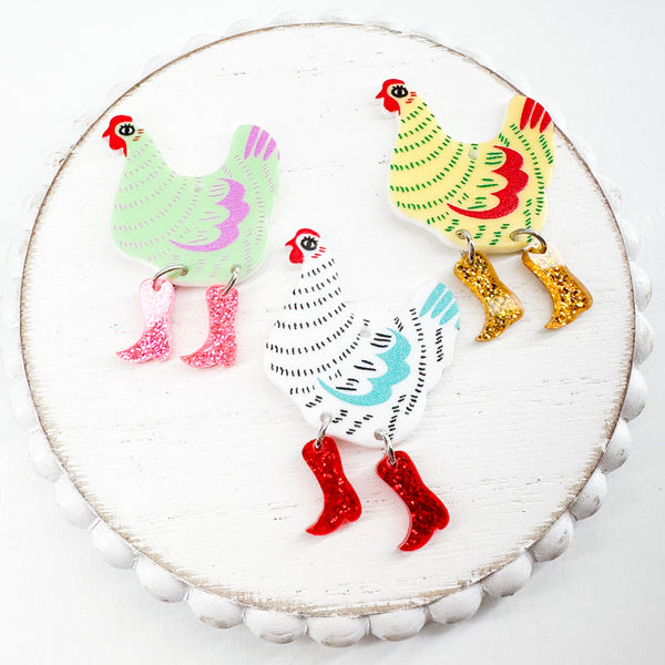 AP CHICKEN WITH BOOTS Acrylic Pendant-------> Choose Your Colors!