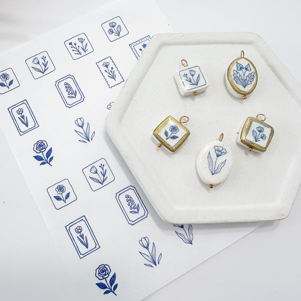 Clay Transfer Sheets---> Charm Sized--->Blue Floral Ceramic Style Charm Transfers