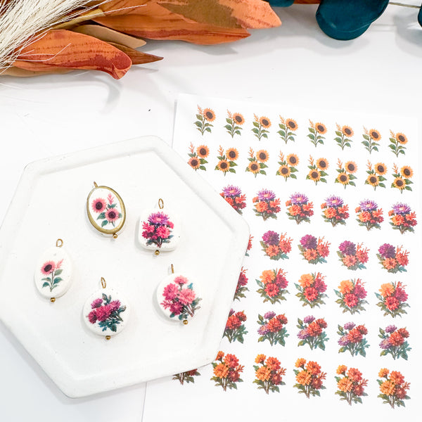 Clay Transfer Sheets---> Charm Sized--->Fall Flower Bouquet Charm Transfers
