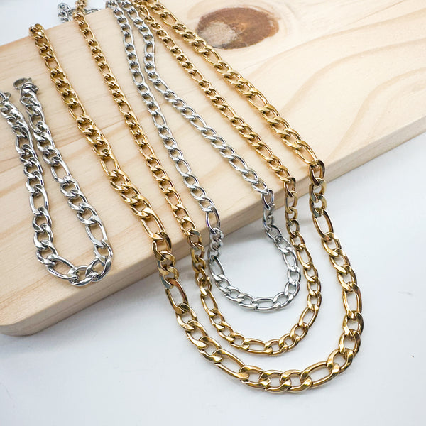 Premium 18k Plated and Stainless Steel Figaro Thick Necklace/Bracelet Chains-----> Choose your size and Color!