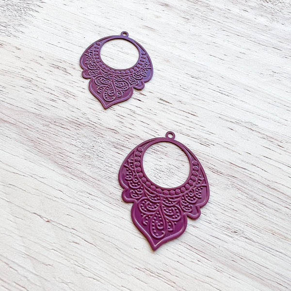 Laser cut PURPLE DAMASK filigree metal charms and connectors 5 pairs
