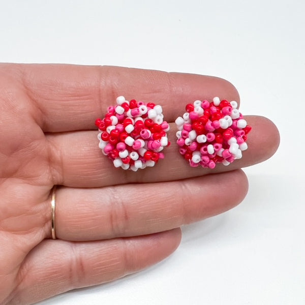 NEW 20mm PINK/RED/WHITE mix Pom Style Seed Bead Studs 100% Stainless Steel
